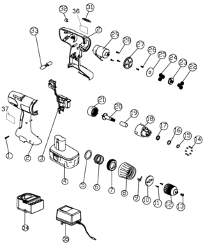 Default Diagram and Parts List for CD121K-B2 Type 1 Black and Decker Boring Machine